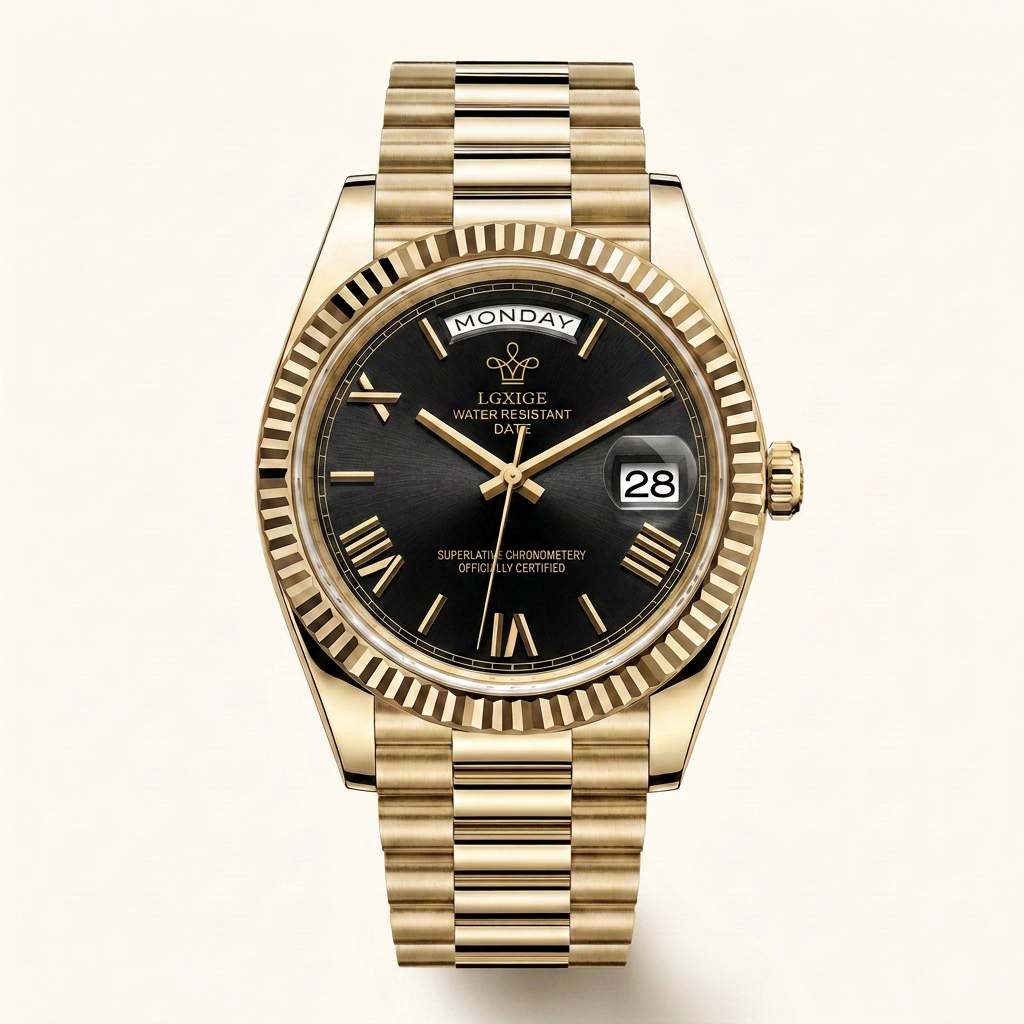 LGXIGE 01 in Gold Black, front view of the dial and gold president bracelet
