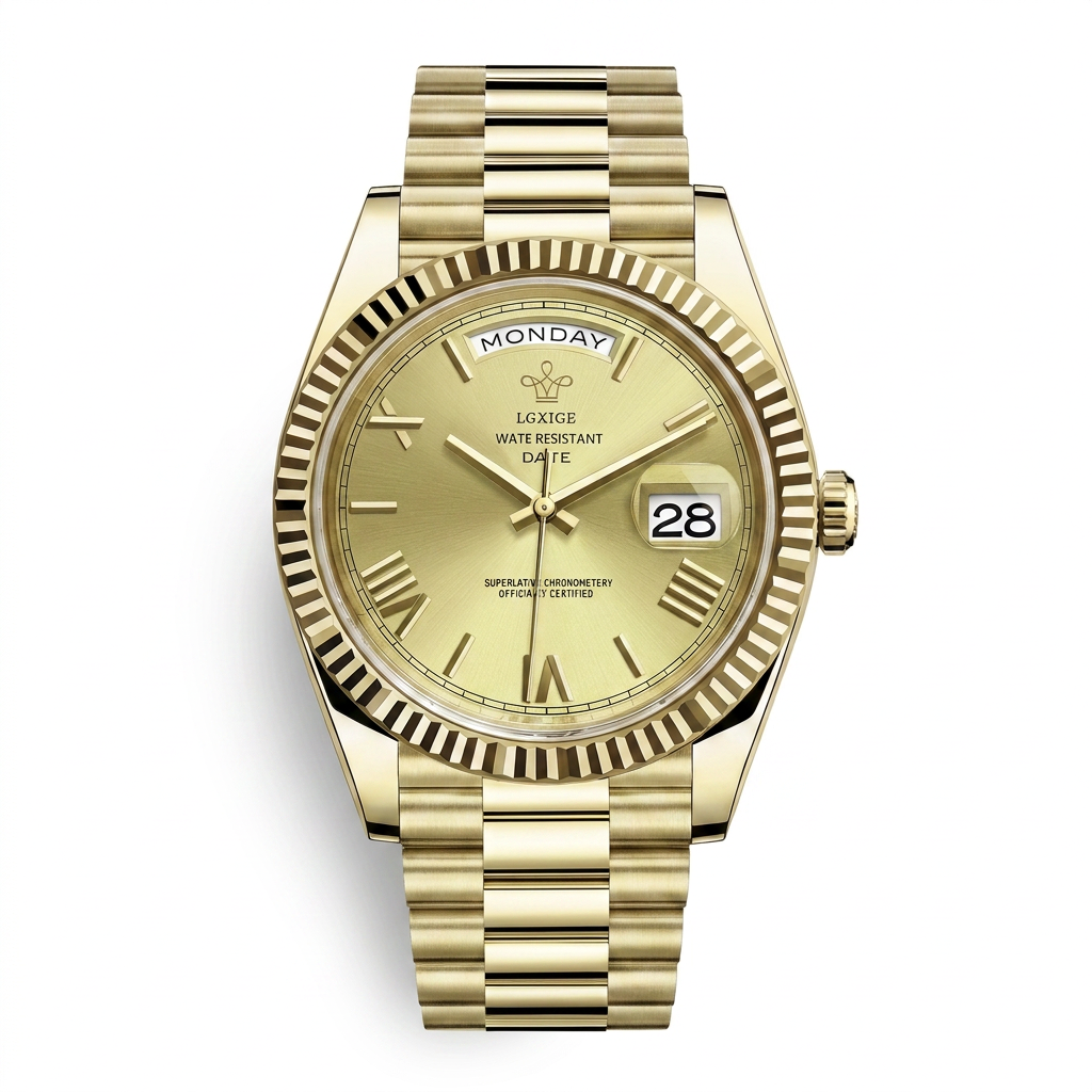 LGXIGE 01 in Gold Champagne, front view of the dial and gold president bracelet