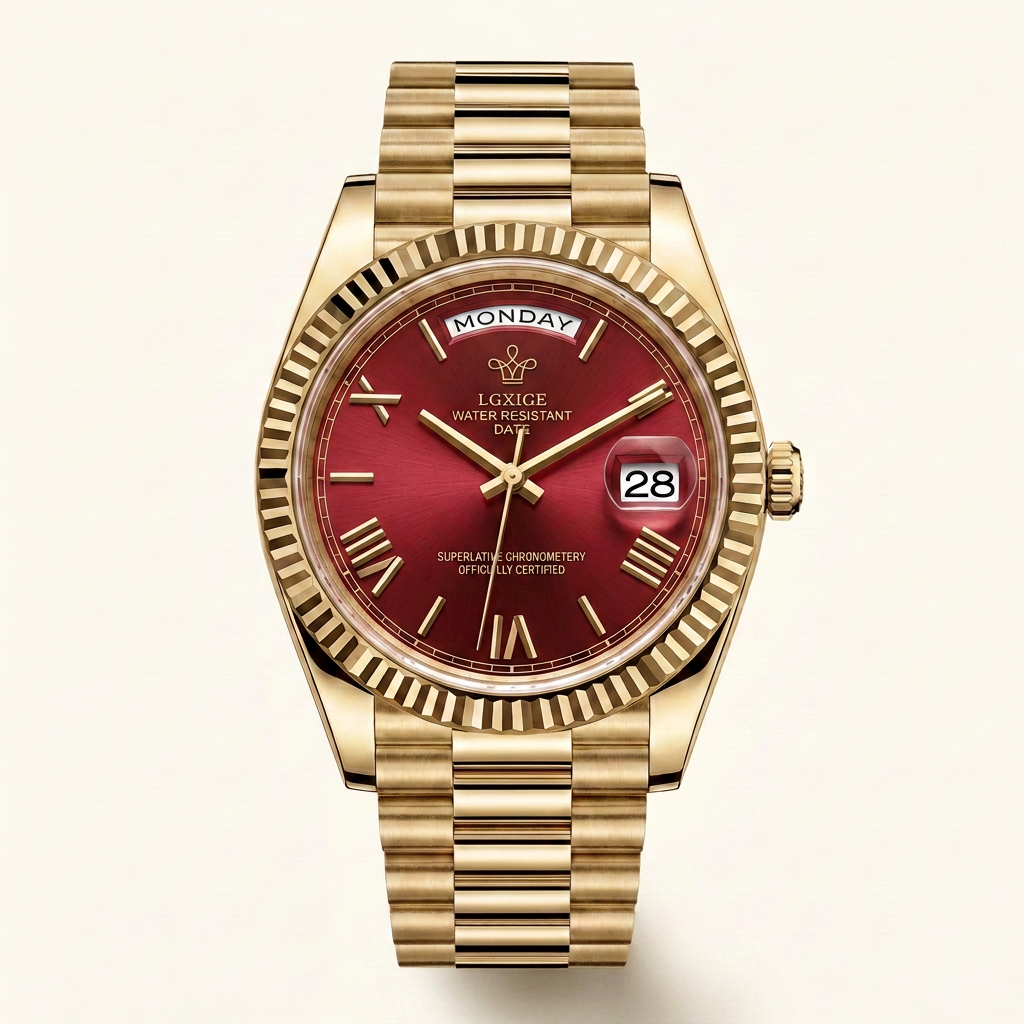 LGXIGE 01 in Gold Red, front view of the dial and gold president bracelet