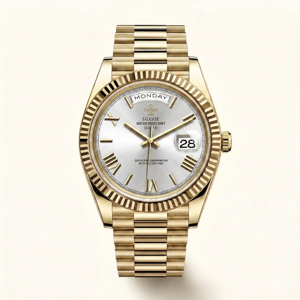 LGXIGE 01 in Gold Silver, front view of the dial and gold president bracelet