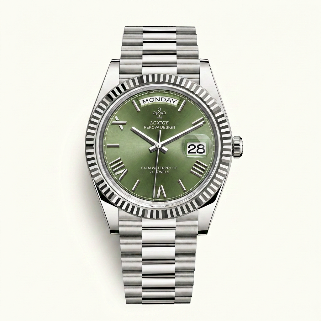 LGXIGE 01 in Olive Green, front view of the green dial and steel bracelet