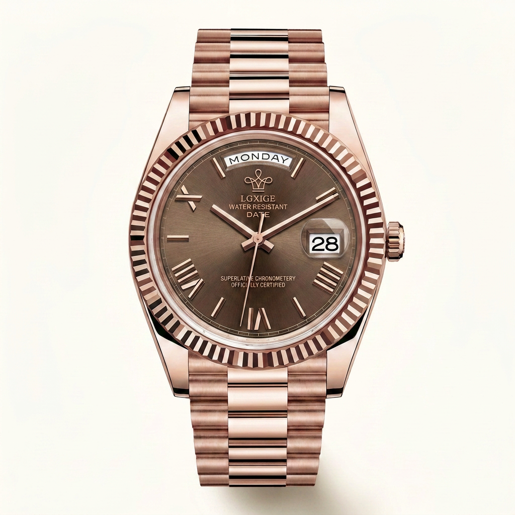 LGXIGE 01 in Rose Gold Chocolate, front view of the dial and rose gold president bracelet