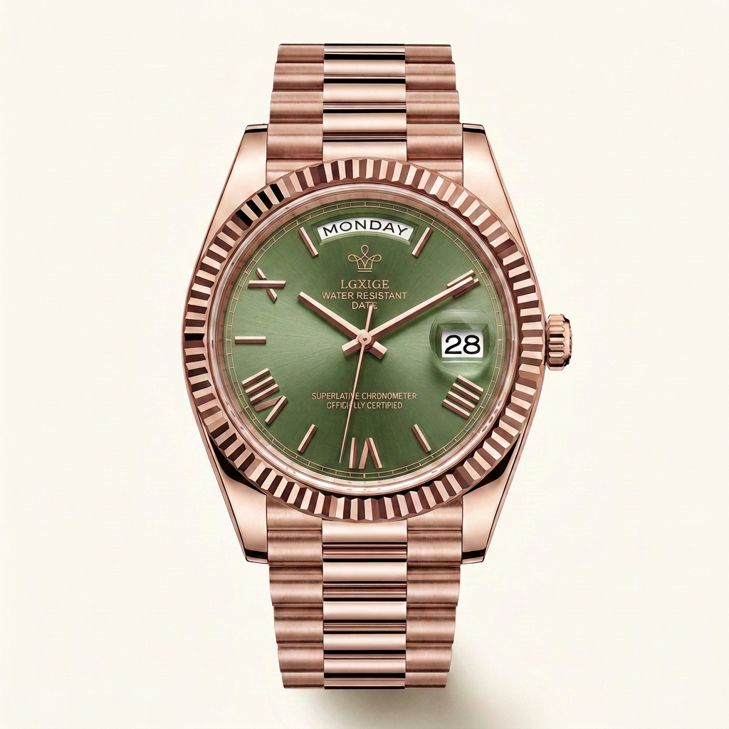 LGXIGE 01 in Rose Gold Olive, front view of the dial and rose gold president bracelet