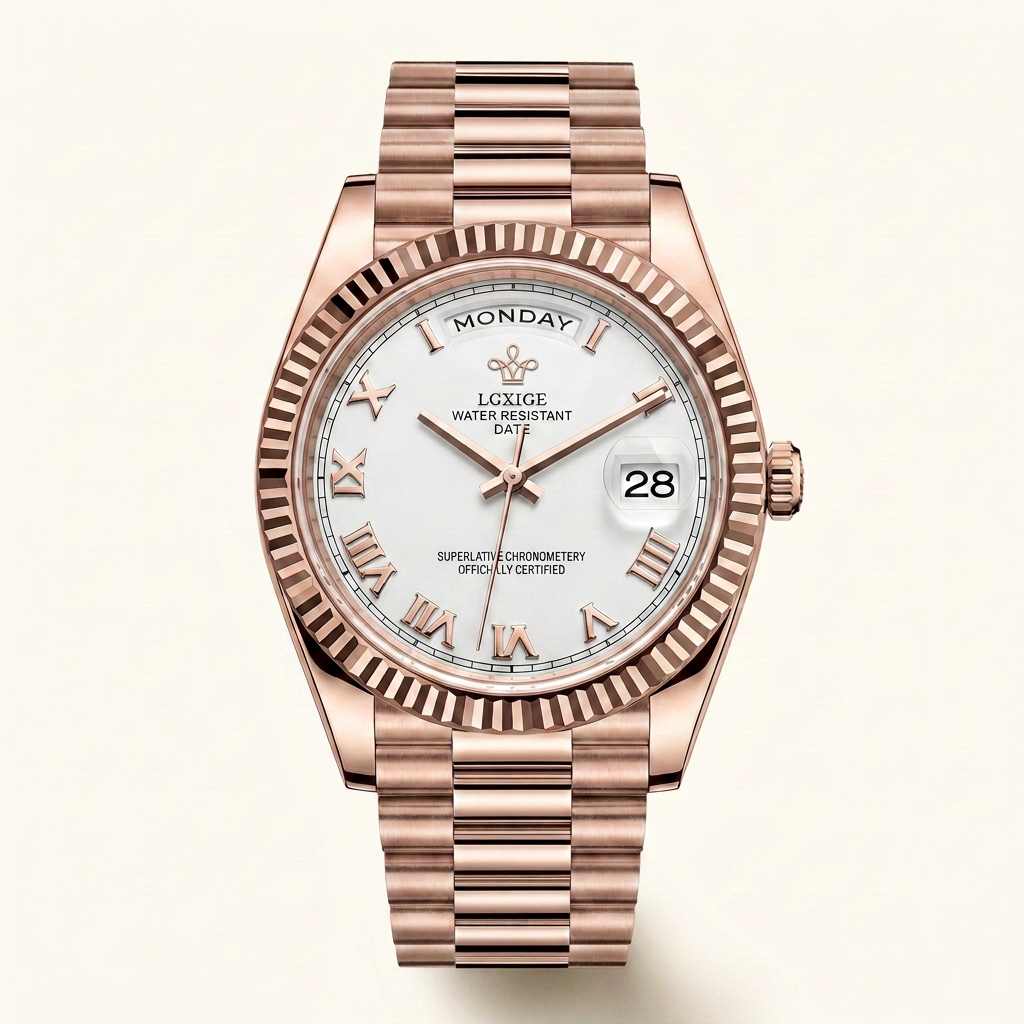 LGXIGE 01 in Rose Gold White, front view of the dial and rose gold president bracelet