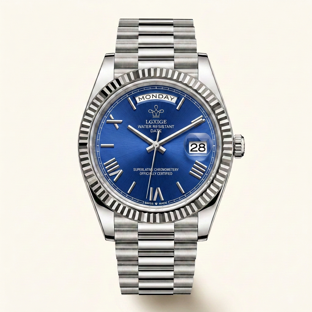 LGXIGE 01 in Royal Blue, front view of the blue dial and steel bracelet