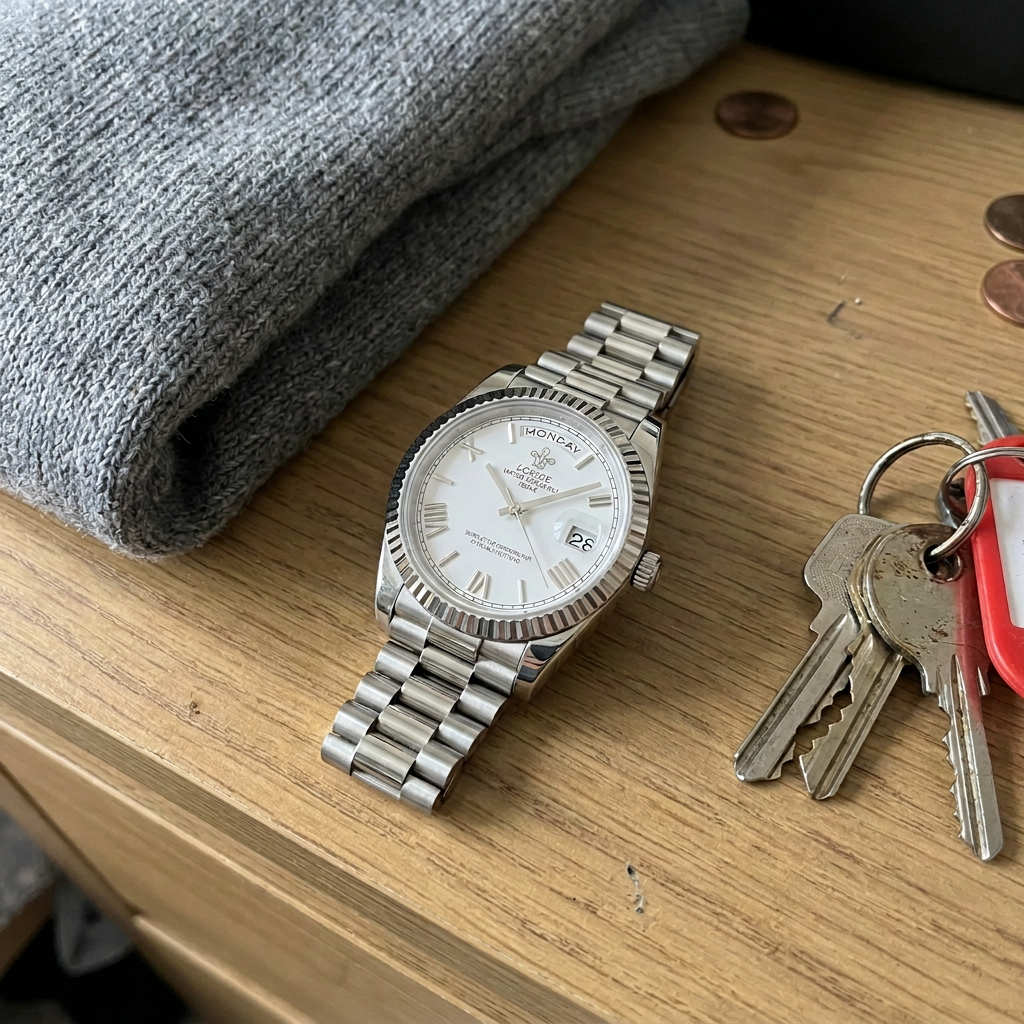 Customer photo of the white-dial steel LGXIGE beside keys on a wooden bedside table