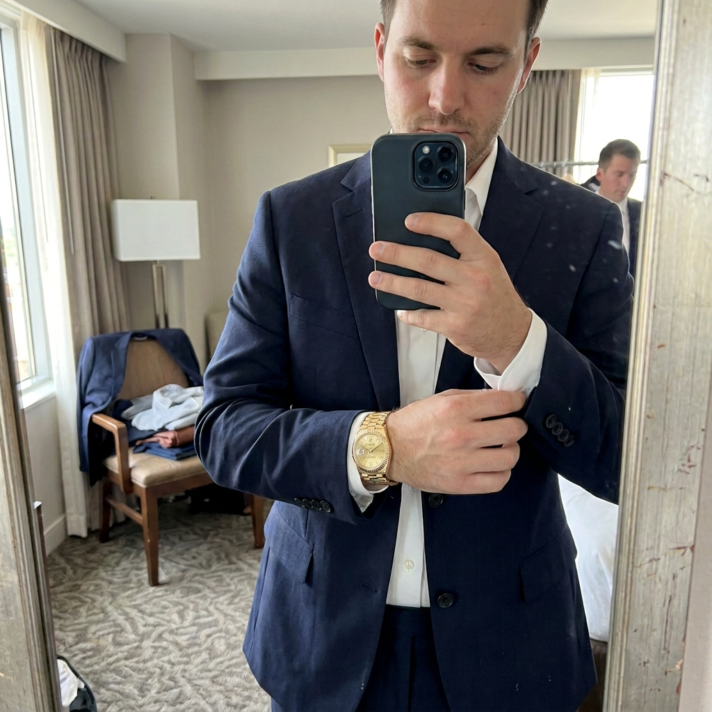 Customer mirror photo wearing the gold champagne-dial LGXIGE with a navy suit