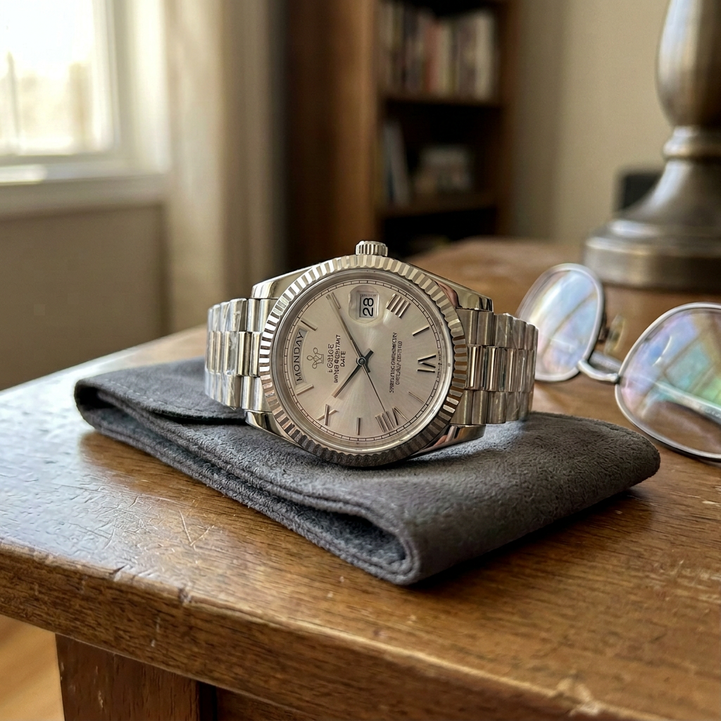 Customer photo of the white-dial steel LGXIGE resting on a folded grey cloth