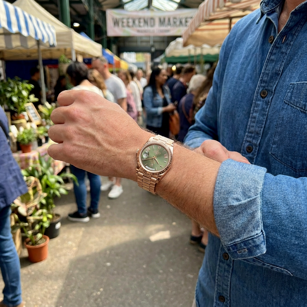 Customer wrist photo of the olive-green LGXIGE at an outdoor market