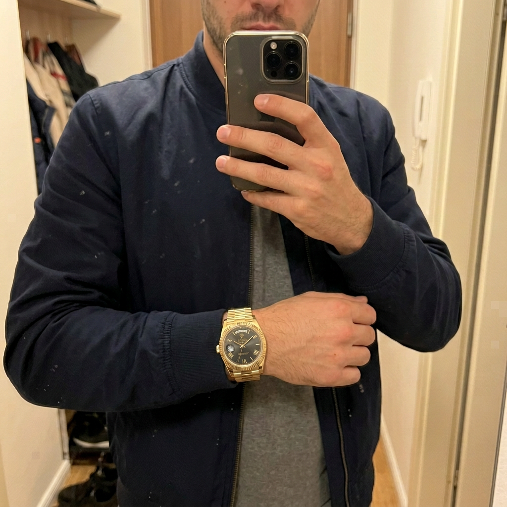 Customer mirror photo wearing the gold LGXIGE with a black dial and a navy jacket