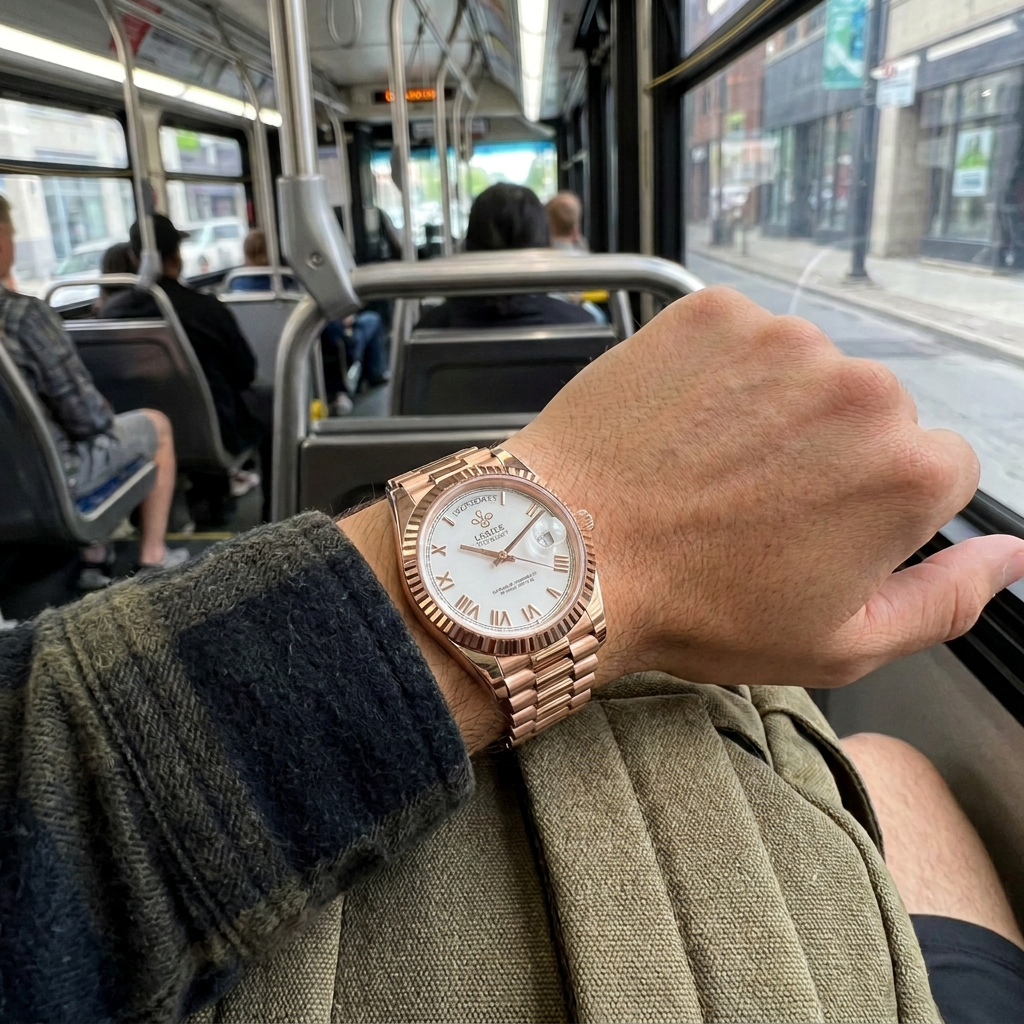 Customer wrist photo of the rose-gold white-dial LGXIGE while travelling on a bus