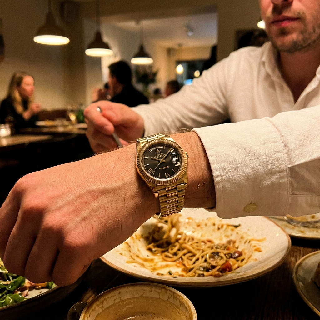 Customer wearing the gold black-dial LGXIGE at a restaurant table