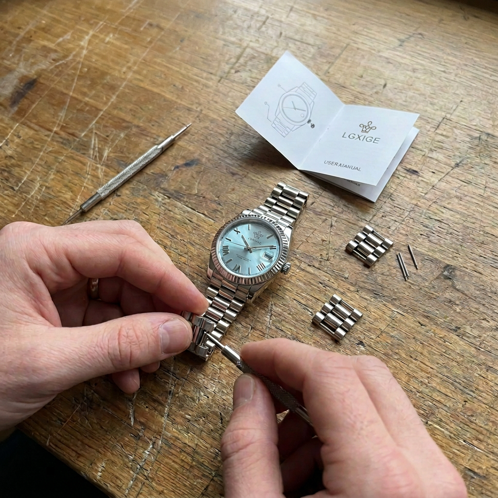 Customer sizing the steel bracelet of an ice-blue LGXIGE on a workbench