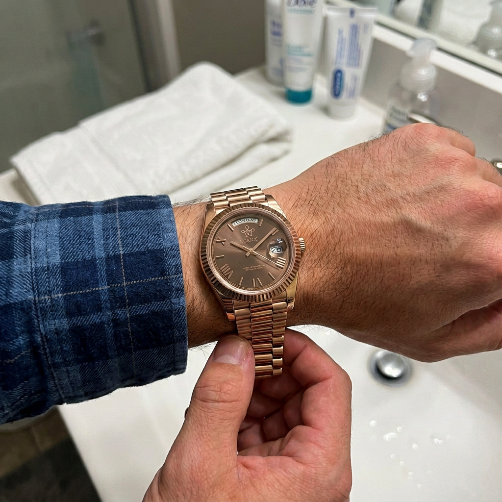 Customer wrist photo showing the rose-gold LGXIGE with a chocolate dial