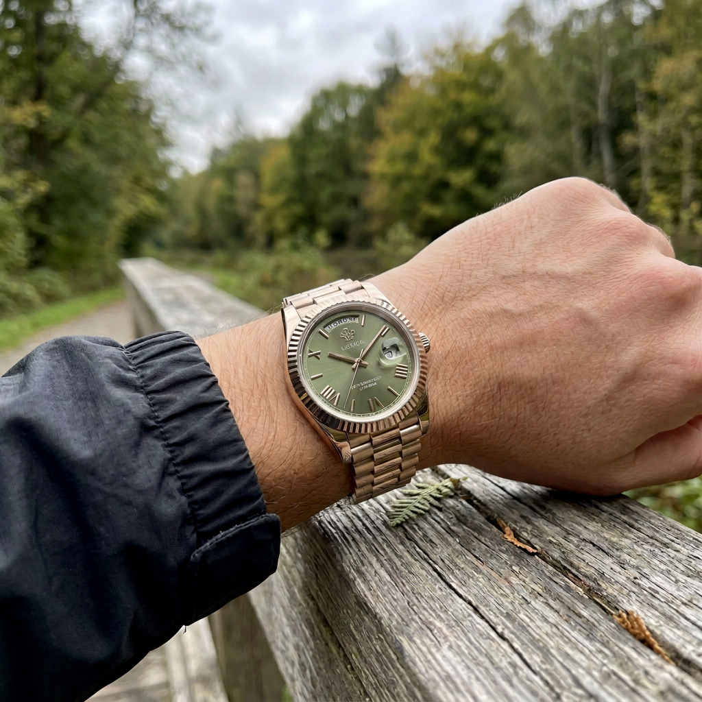 Customer outdoor wrist photo of the steel LGXIGE with an olive-green dial