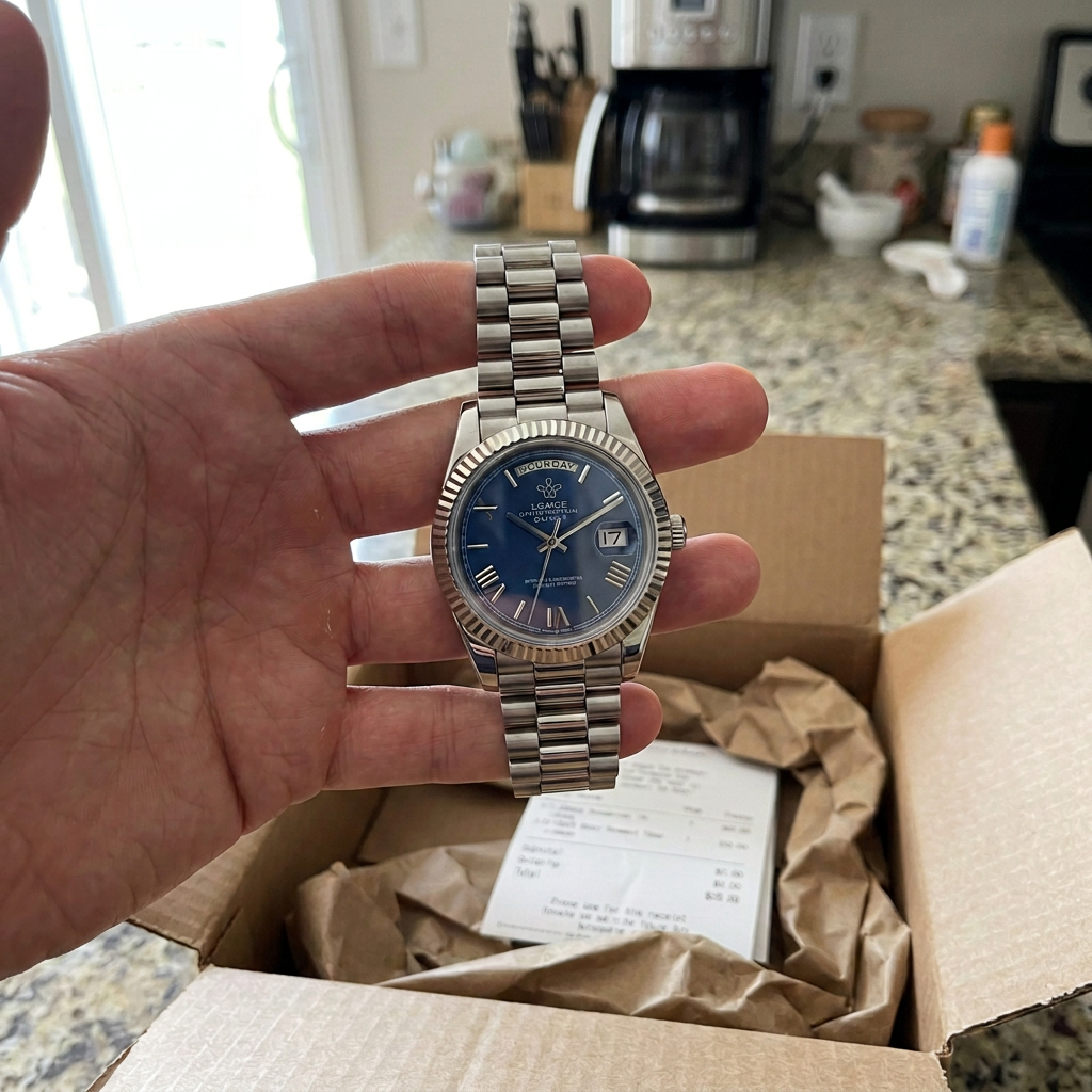 Customer unboxing photo holding the royal-blue LGXIGE above its packaging